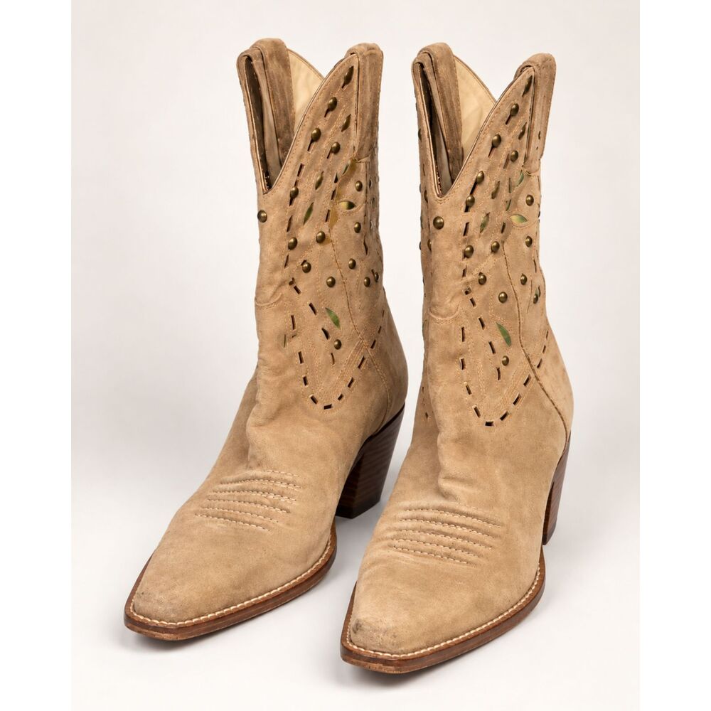 Cole Haan Tan Suede Studded Western Cowboy Boots Womens 9B Green Gold Cutouts